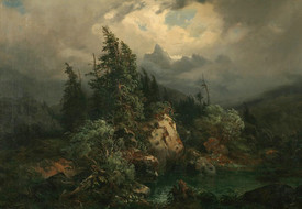 Obraz Adolfa Kosárka Horská krajina v bouři, před rokem 1850.